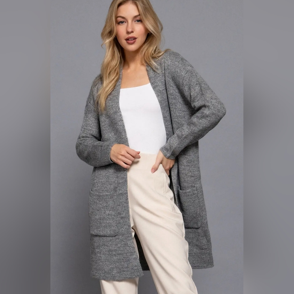 Gray Open front Long sleeve cardigan
